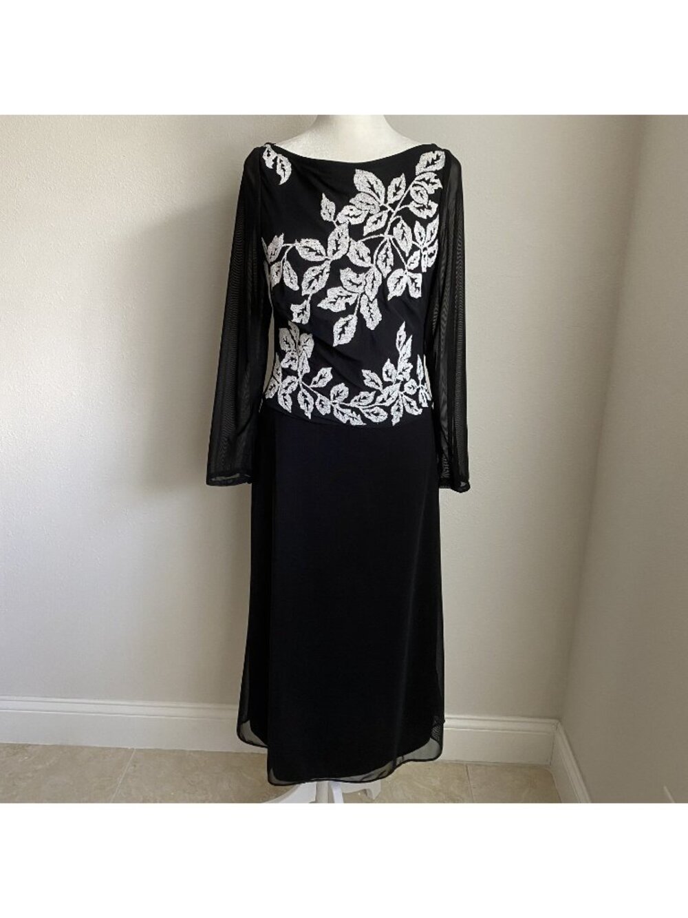 Tadashi Womens Midi Dress Small Black w/ White Beaded Leaves  Long Sleeve